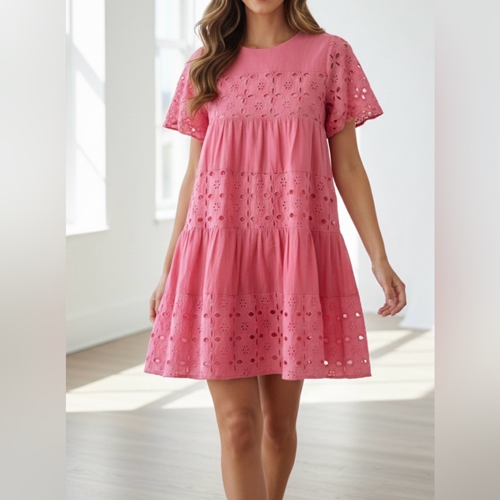 MELLODAY Pink Eyelet Tiered Mini Dress Sz XS